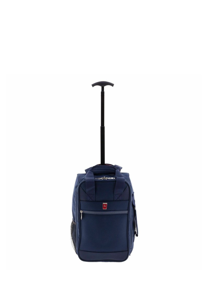 Borsa a rotelle blu navy con manico retrattile, scomparti multipli, chiusura con cerniera e tasca laterale in rete. Realizzata in tessuto resistente.