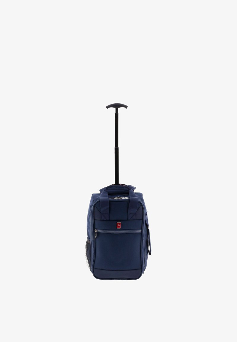 Borsa a rotelle blu navy con manico retrattile, scomparti multipli, chiusura con cerniera e tasca laterale in rete. Realizzata in tessuto resistente.