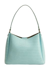 Sac à main en simili-crocodile bleu clair, de forme incurvée, avec une seule bandoulière et un léger éclat ; il présente des accentuations en métal doré.