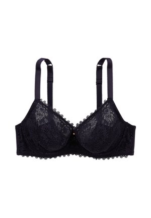 Soutien-gorge en dentelle noire avec armatures, bords scallopés et bretelles réglables. Présente un accent décoratif central et un motif en dentelle complexe.