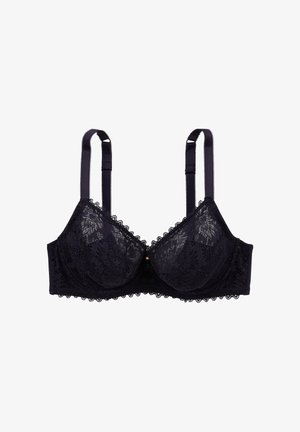 Soutien-gorge en dentelle noire avec armatures, bords scallopés et bretelles réglables. Présente un accent décoratif central et un motif en dentelle complexe.