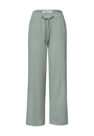 Pantalon large texturé vert clair avec une taille élastique et un cordon ajustable à nouer à l'avant.