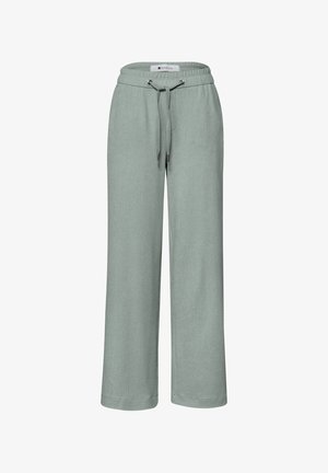 Pantalon large texturé vert clair avec une taille élastique et un cordon ajustable à nouer à l'avant.