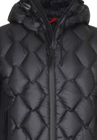 Giacca puffer nera trapuntata con cappuccio, dotata di chiusura frontale con zip, coulisse elastiche e una superficie liscia e lucida.