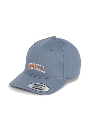 Adjustable blue baseball cap made of fabric, featuring an embroidered logo on the front and a flat visor. Smooth texture, structured shape.