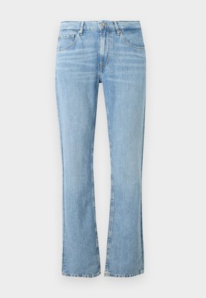 Jeans in denim azzurro chiaro con vita alta, chiusura con bottone e cerniera, tasche frontali e posteriori e gambe leggermente svasate.