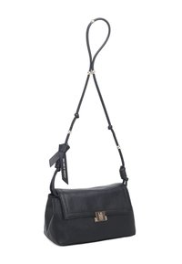 Borsa a tracolla in pelle nera con forma rettangolare, superficie testurizzata, tracolla rimovibile e dettaglio hardware in tonalità oro sulla parte anteriore.