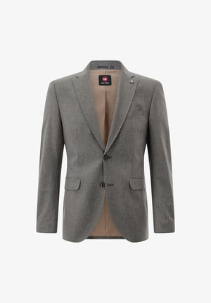 Grau melierter Wollmischblazer mit Reverskragen, zwei vorderen Taschen, Zwei-Knopf-Verschluss und brauner Innenauskleidung.