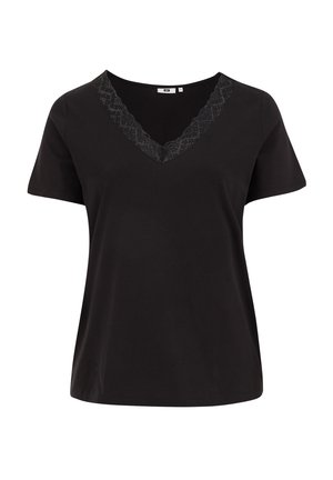 Melnas īsām piedurknēm ir top ar V-veida kakla izgriezumu, ar mežģīņu akcentu ap kakla izgriezumu. Izgatavots no mīksta auduma, paredzēts komfortam.