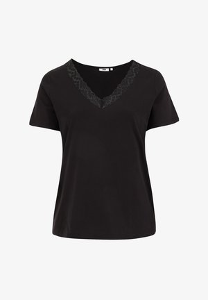 Schwarzes Kurzarmoberteil mit V-Ausschnitt, mit einer Spitzenakzentuierung am Ausschnitt. Hergestellt aus weichem Stoff, der für Komfort sorgt.