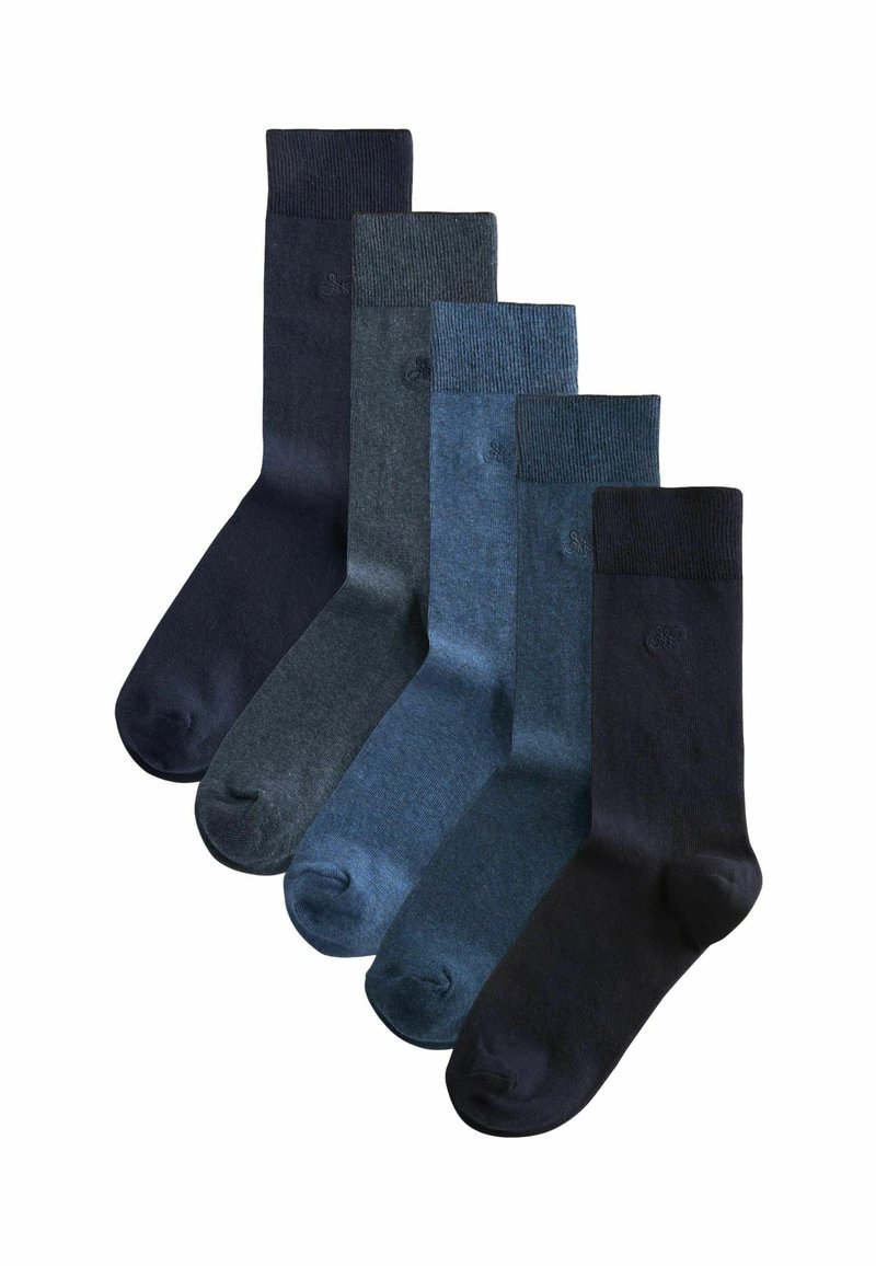 Fünf Paar Socken in verschiedenen Blau- und Marineblau-Tönen. Mit gerippten Bündchen und verstärkten Zehen, aus weichem, glattem Stoff mit subtiler Textur.