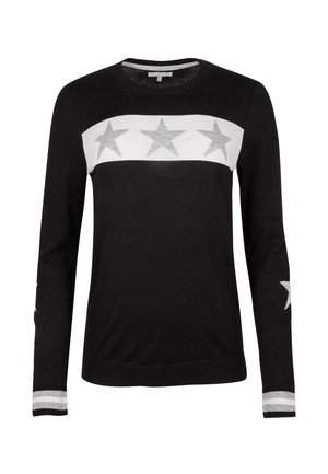 Pull noir à manches longues avec une bande horizontale blanche sur la poitrine présentant trois étoiles argentées et des accents d'étoiles argentées sur les manches.