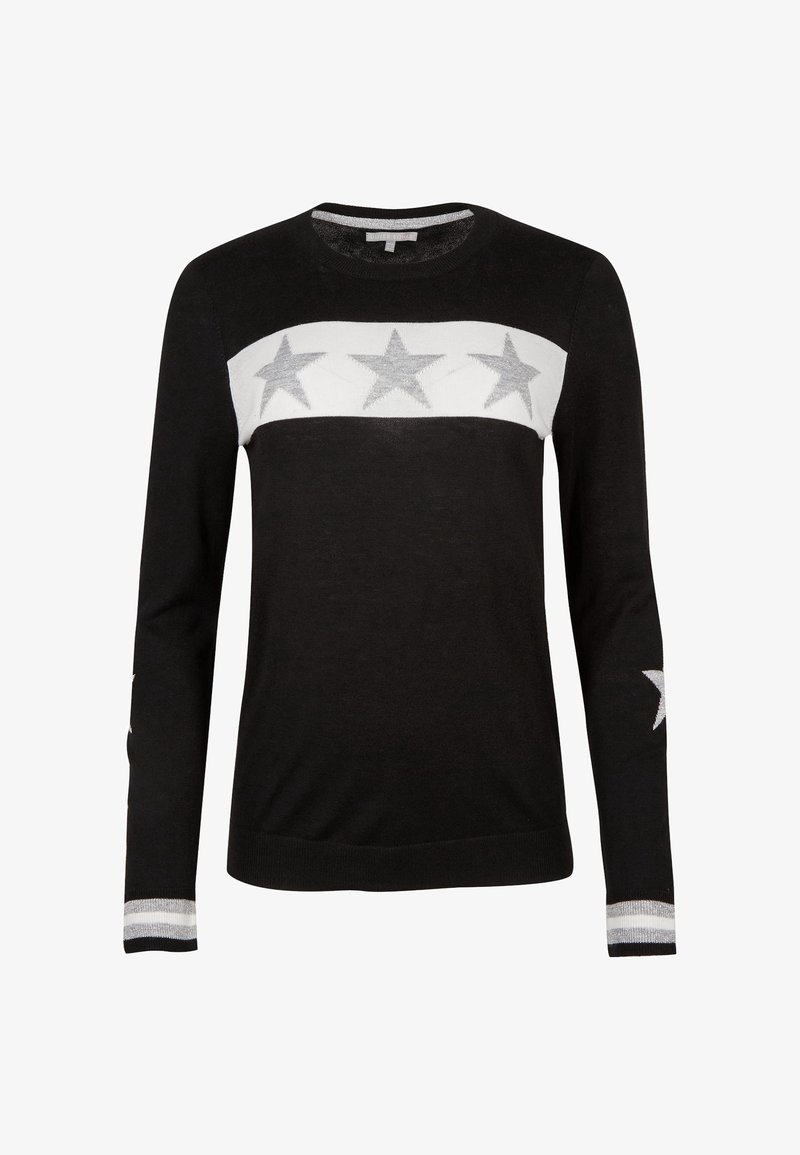 Pull noir à manches longues avec une bande horizontale blanche sur la poitrine présentant trois étoiles argentées et des accents d'étoiles argentées sur les manches.