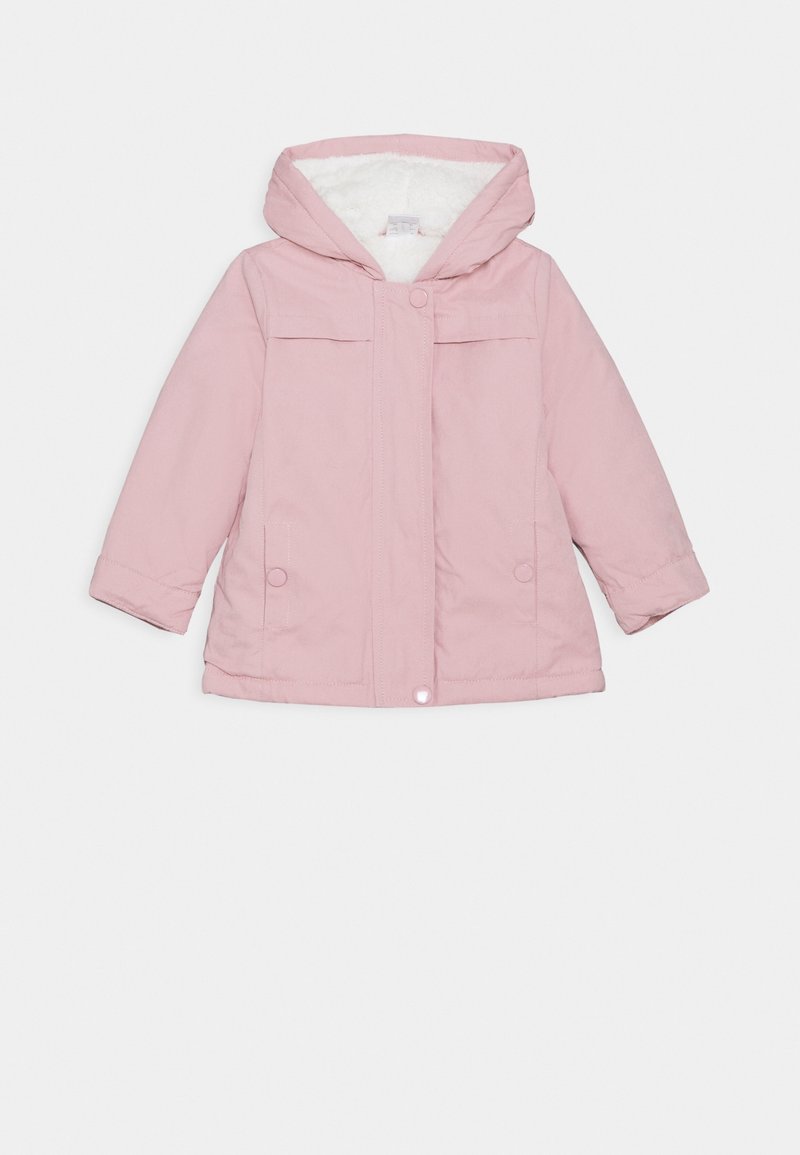 Růžová zimní bunda s kapucí, vybavená měkkou fleecovou podšívkou, patentkami a dvěma předními kapsami. Hladký, lehký vnější materiál.