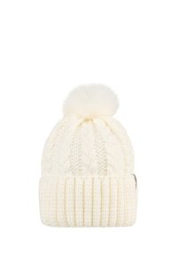 White knitted winter hat with folded ribbed brim, cable knit pattern, and fluffy pom-pom on top against white background.