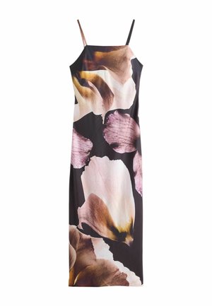 Elegantné čierne šaty na tenkých ramienkach s veľkými abstraktnými kvetinovými lupienkami v odtieňoch ružovej, hnedej a krémovej.