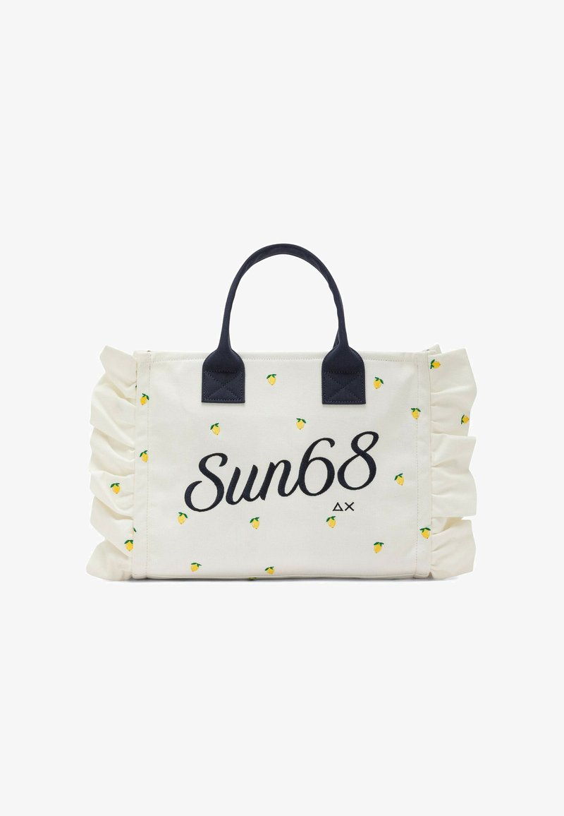 Borsa a tracolla bianca con manici neri, piccoli motivi di limoni gialli, lati arricciati e scritta "Sun68" stampata in nero sul davanti.