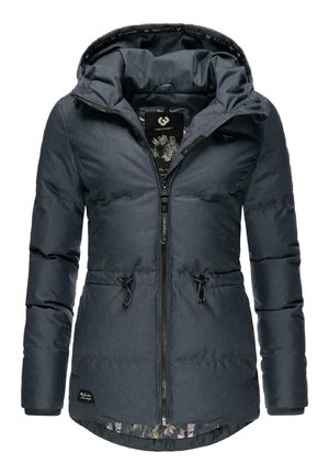 Veste d'hiver matelassée gris foncé avec fermeture éclair à l'avant, cordons à la taille, col montant et doublure florale visible à l'ourlet et à l'intérieur du col.