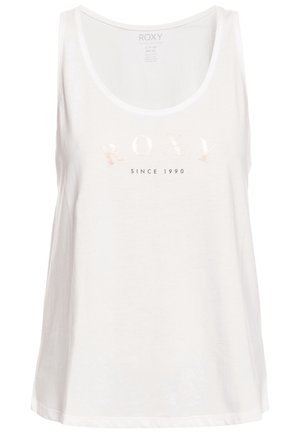 Witte mouwloze tanktop met "ROXY" in metallic letters en "SINCE 1990" gedrukt aan de voorkant.