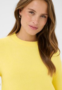 Pull en maille jaune avec un col rond, présentant une texture douce et une épaisseur moyenne. Le modèle a de longs cheveux bruns ondulés et sourit.