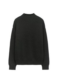 Maglione a costine grigio scuro con maniche lunghe e scollatura tonda. Presenta una vestibilità rilassata e un tessuto texture.