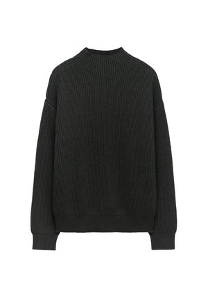 Maglione a costine grigio scuro con maniche lunghe e scollatura tonda. Presenta una vestibilità rilassata e un tessuto texture.