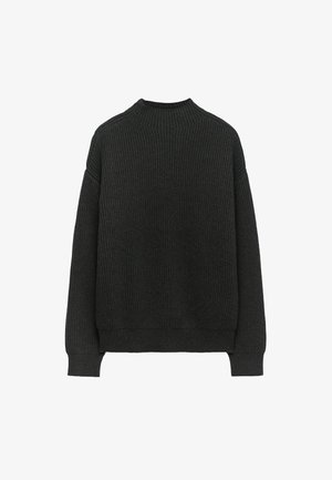 Maglione a costine grigio scuro con maniche lunghe e scollatura tonda. Presenta una vestibilità rilassata e un tessuto texture.
