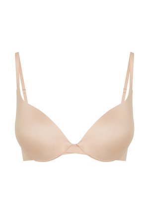 Beige lightly padded underwire bra with adjustable thin straps and smooth seamless cups.