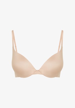 Beige lightly padded underwire bra with adjustable thin straps and smooth seamless cups.