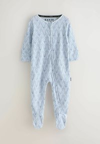 Babyblauw voetbedekt rompertje met een geometrisch maze-patroon en kleine letters, met een rits aan de voorkant en lange mouwen.