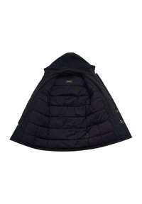 Laivastonsininen puhvijakku hupulla, jossa on tikattu sisus, täyspitkä vetoketju edessä ja kaksi vetoketjullista sivutaskua. Pehmeä kangastekstuuri.