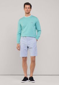 Pull turquoise avec un col rond, associé à un short rayé bleu et blanc. Des baskets noires complètent la tenue.