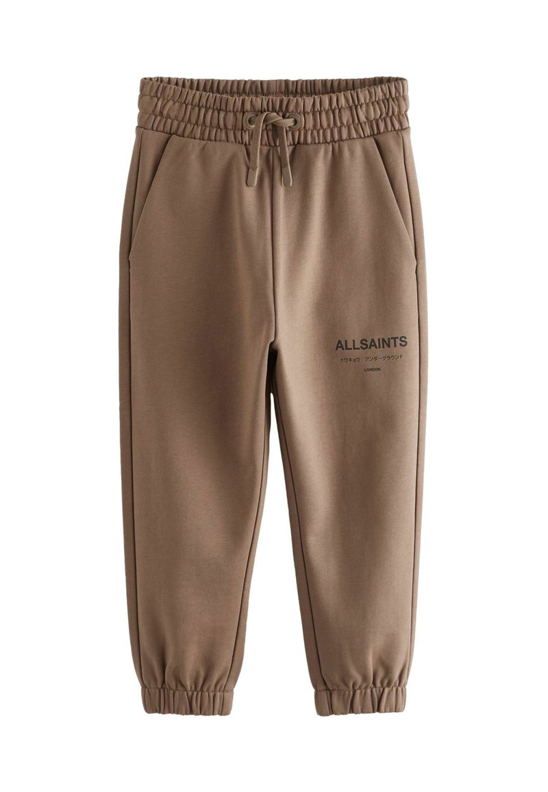 Braune Jogginghosen mit elastischem Bund und Kordelzug, seitlichen Taschen, gerippten Knöcheln und "ALLSAINTS"-Logo mit Text auf dem rechten Oberschenkel.
