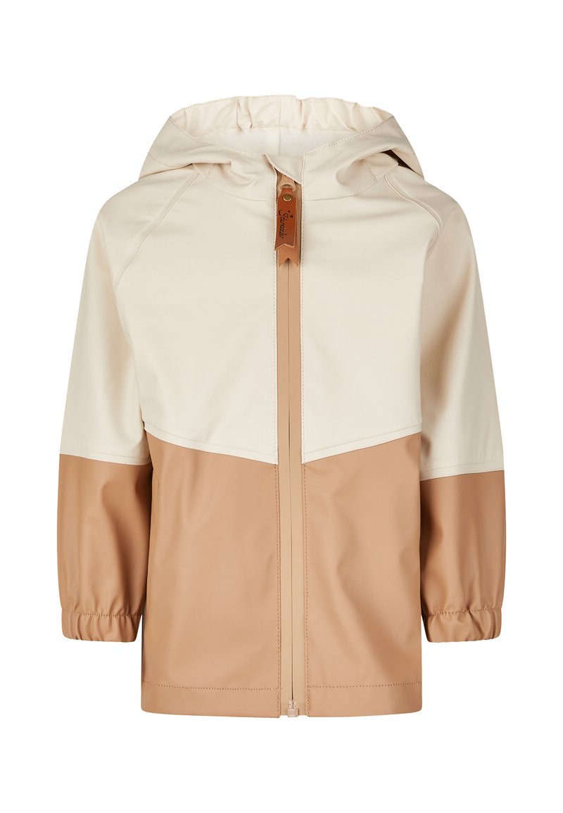 Hooded children's jacket with front zipper, beige top half, light brown bottom half and sleeves, elastic wrist cuffs, and leather zipper pull.