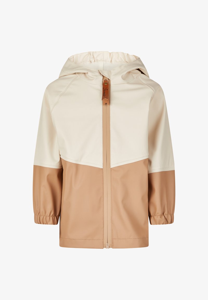 Hooded children's jacket with front zipper, beige top half, light brown bottom half and sleeves, elastic wrist cuffs, and leather zipper pull.