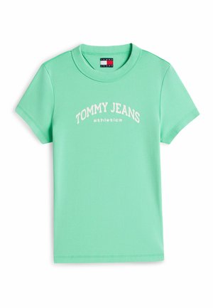Kurzärmeliges T-Shirt in Minzgrün mit dem Aufdruck "TOMMY JEANS athletics" in Weiß auf der Brust und einem Tommy Jeans Etikett innen am Kragen.