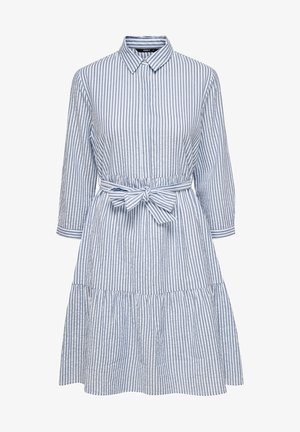 Shirt dress with blue and white vertical stripes, long sleeves, collar, and a tied belt at the waist above a gathered skirt.