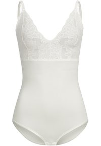 Wit body met een kanten bovenkant met een bloemmotief, diepe V-halslijn, verstelbare schouderbanden en een soepele stof voor een aansluitende silhouet.
