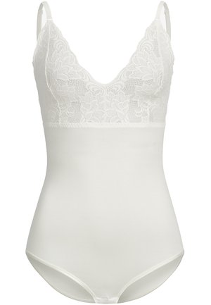 Wit body met een kanten bovenkant met een bloemmotief, diepe V-halslijn, verstelbare schouderbanden en een soepele stof voor een aansluitende silhouet.