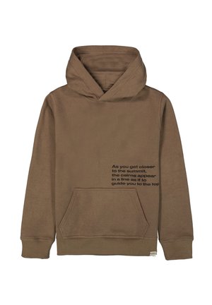 Brązowa bluza z kapturem z kieszenią z przodu i sznurkiem do regulacji kaptura. Na jednej stronie czarny nadruk tekstowy. Miękki, gładki materiał i długie rękawy.