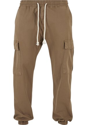 Brown cargo pants with elastic waistband and cuffs, white drawstring, and flap pockets on each thigh.