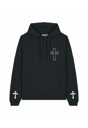 Črna kapuca z večjim žepom na sprednji strani, ki ima beli grafični motiv križa in napis "KARMA UBIA" na prsih ter podrobnost križa na rokavu.
