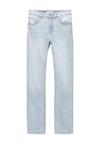 Jeans rectos de color azul claro, fabricados en denim. Cuentan con cinco bolsillos, un cierre de botón y cremallera, y un ligero desgaste en la tela.