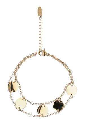 Gouden dubbele kettingarmband met vijf platte ronde schijfbedels en een karabijnsluiting met verlengketting.
