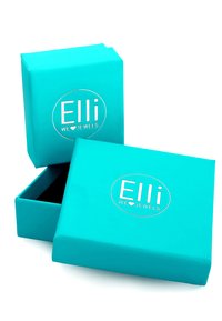 Türkisfarbene Schmuckbox mit matter Oberfläche, versehen mit einem silbernen Logo "Elli WE ♥ JEWELS," geöffnet, um ein schwarzes Innenleben zu zeigen.