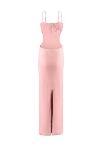 Robe maxi rose avec des bretelles fines, un corsage ajusté et une fente à l'avant. Fabriquée dans un tissu lisse avec un détail froncé au niveau du col.