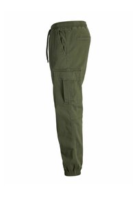 Pantalon cargo vert olive avec taille élastique, cordon, poche cargo latérale, poche passepoilée à l'arrière et poignets élastiques.