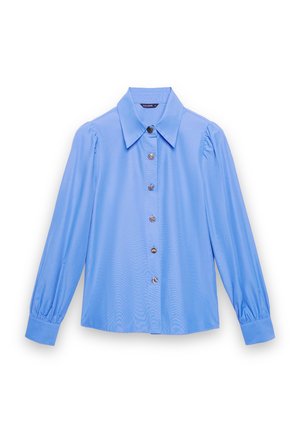 Blouse bleu clair à manches longues avec col pointu, poignets froncés, épaules bouffantes et six boutons décoratifs sur le devant.