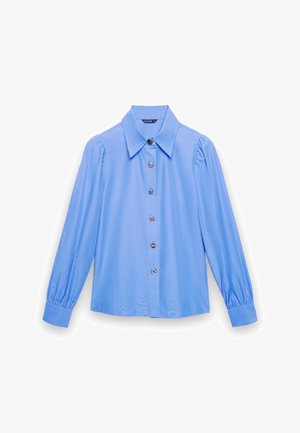Blouse bleu clair à manches longues avec col pointu, poignets froncés, épaules bouffantes et six boutons décoratifs sur le devant.