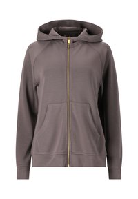 Hoodie mit Reißverschluss in gedecktem Grau mit goldener Reißverschluss, Raglanärmeln und zwei Fronttaschen. Verfügt über eine Kapuze mit Zugband und eine weiche Textur.